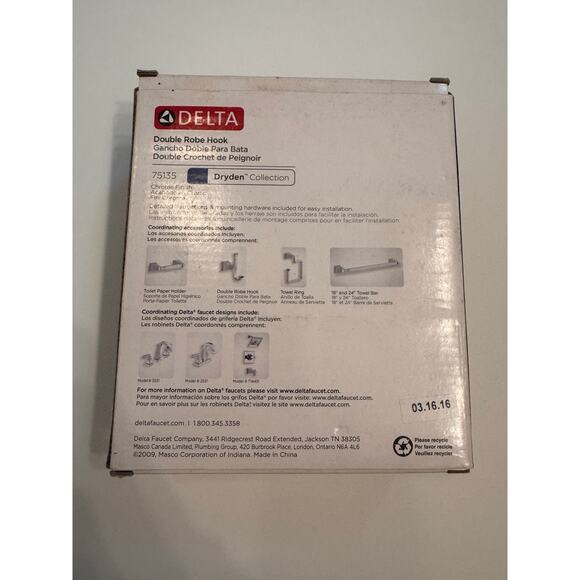 Delta Double Robe Hook Dryden Collection Chrome Finish 75135 New - Picture 4 of 5